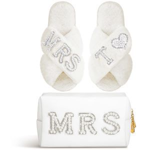 Personalized Initial Wedding Bride Slippers Mrs Pearl Letter Makeup Bag Bridal💝